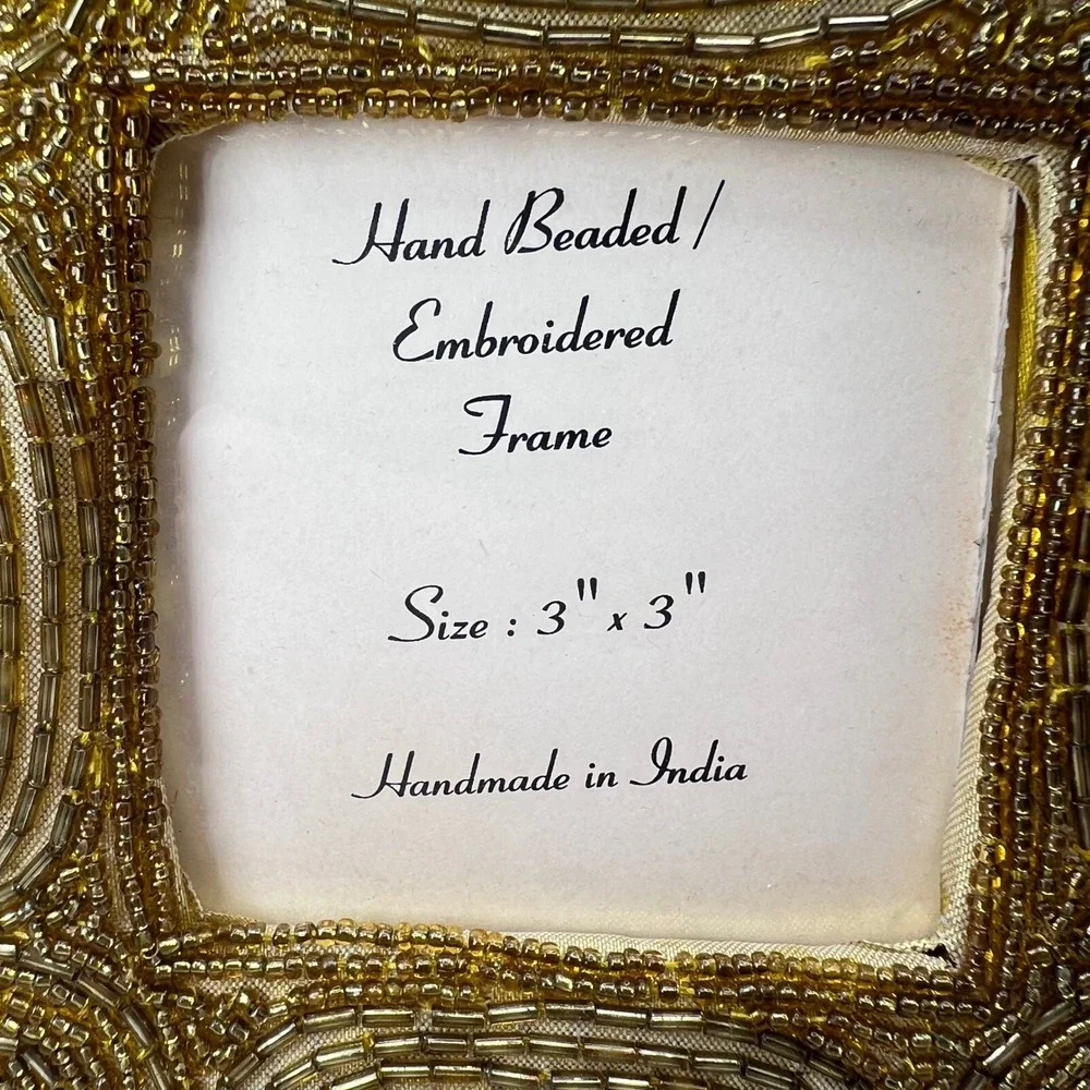 Vintage Bronze Yellow Beaded Picture Frame 3x3 Hand Embroidered India Ornate